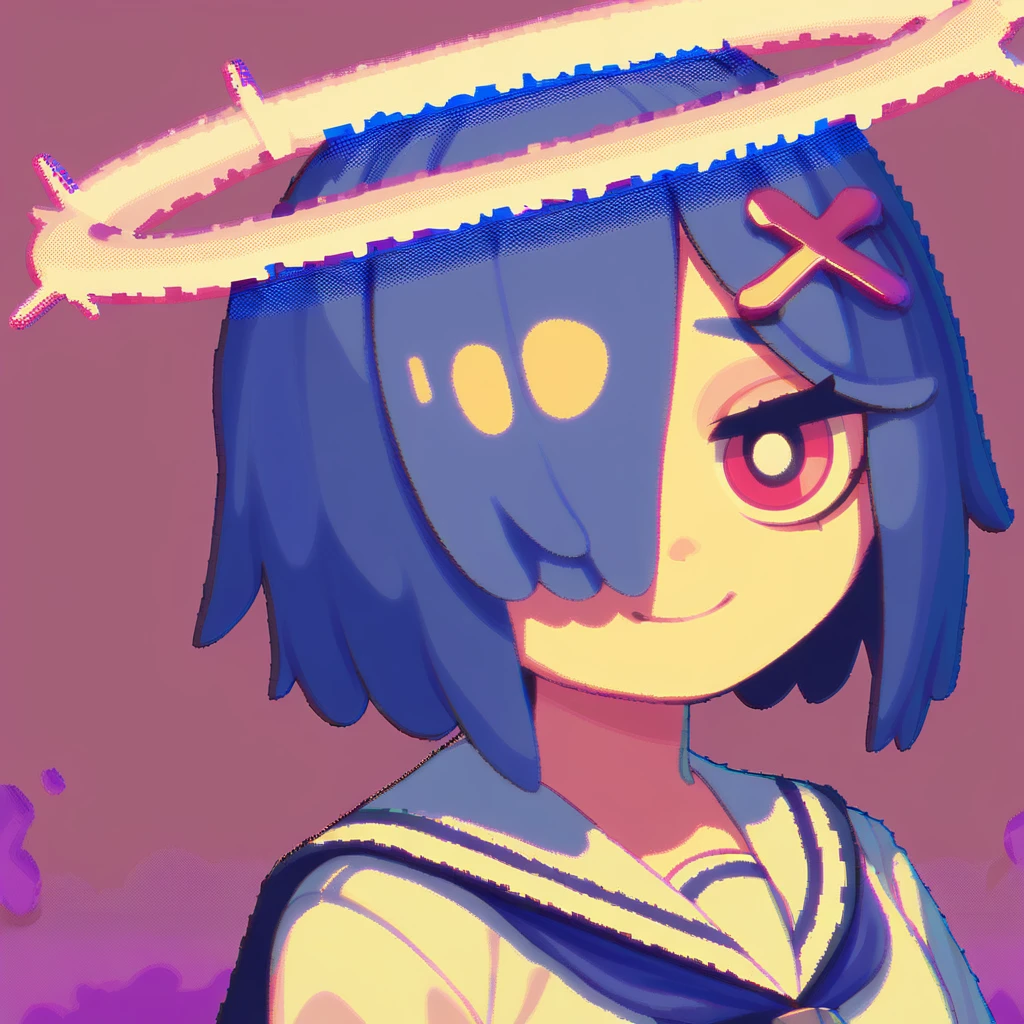 score_9, score_8_up, score_7_up, score_6_up, score_5_up,score_4_up,Pixel art,{glitch art},1girl,solo,:3,{{mesugaki}},[naughty face],medium hair,halo,[x hair ornament],[[hollow eyes]],dark blue eyes,dark blue hair,{hair over one eye},[perfect oval iris],long sleeves,long sailor collar,mosaic,[The background features a Weird Core style], <lora:lvziXL-000010:0.6>