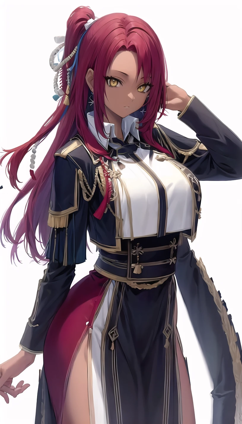 side ponytail, red hair, yellow eyes,dark-skinned female,
hair ribbon, earrings,
(japanese clothes:1.28),
lady,mature female, cowboy shot,
(white background,simple background:1.18),
highres,official art,original,masterpiece,best quality,
(huge breasts:0.8),
<lora:æ³è¦æä¸ºå½±ä¹å®åè-å¦®å¨:0.8>