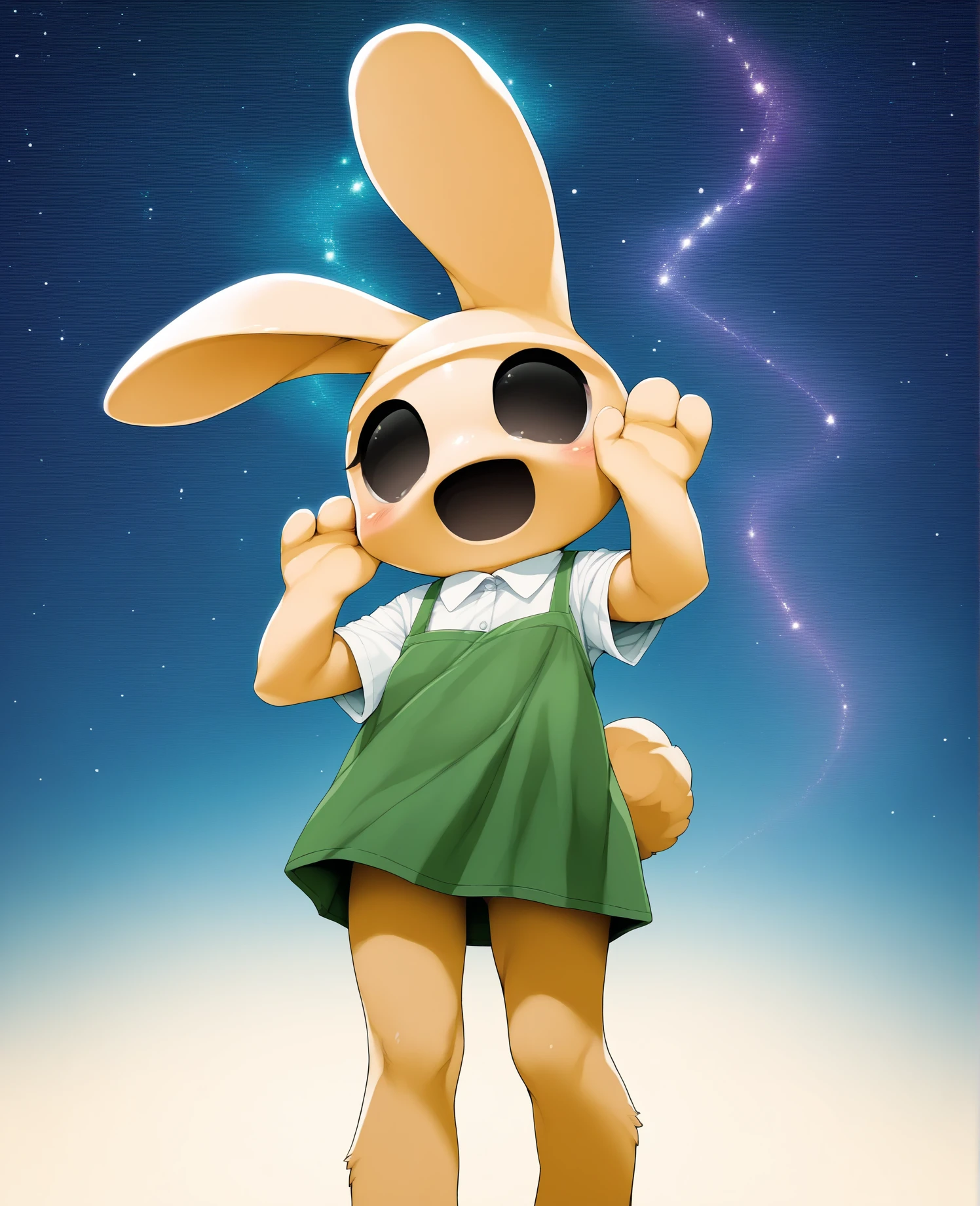 score_9, score_8_up, score_7_up, score_6_up, score_5_up, score_4_up, source_furry, ulu8, 7x90um, coco \(animal crossing\), animate inanimate, gyroid, lagomorph, leporid, mammal, rabbit, anthro, biped, clothed, clothing, empty eyes, female, noseless, open mouth, green clothing, white shirt, dress, solo, standing, topwear, (detailed background:1.1), looking at viewer, (simple eyes, simple face:1.2), (starry sky:1.2), happy, smile, (>:(:1.2)
<lora:coco_pdxl:1>