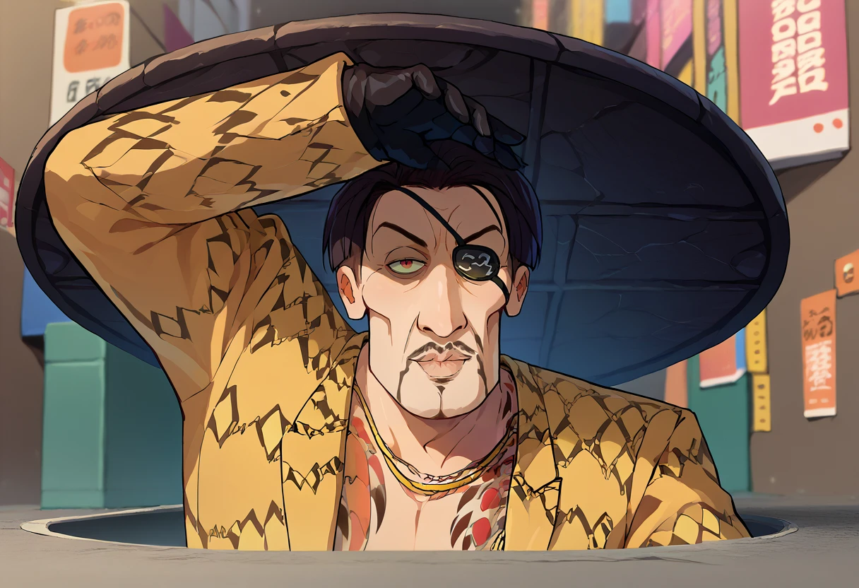 score_9, score_8_up, score_7_up,  1boy, Majima everywhere, manhole cover, arm up, <lora:Majima everywhere 3-000008:1>   majimaDEF, eyepatch, tattoo, necklace, jacket, animal print, open clothes, black gloves,  handsomize    <lora:majima-guy-PONYv1:1> <lora:handsomize_x_pdxl_v1:1>