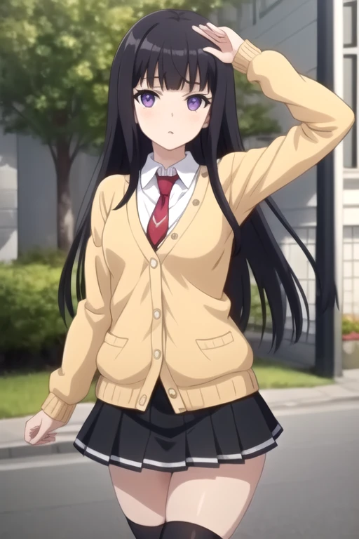((masterpiece)),(best quality),official art,extremely delicate and beautiful,extremely detailed CG,unity 8k wallpaper,ultra detailed,beautiful detailed eyes,extremely detailed face,outdoors,1girl,solo,cowboy shot,looking at viewer,facing viewer,anxious,long hair,black hair,sidelocks,blunt bangs,purple eyes,school uniform,yellow cardigan,red necktie,white shirt,collared shirt,long sleeves,medium breasts,miniskirt,pleated skirt,black skirt,zettai ryouiki,black thighhighs,loafers,<lora:Umi(remake):0.8>,