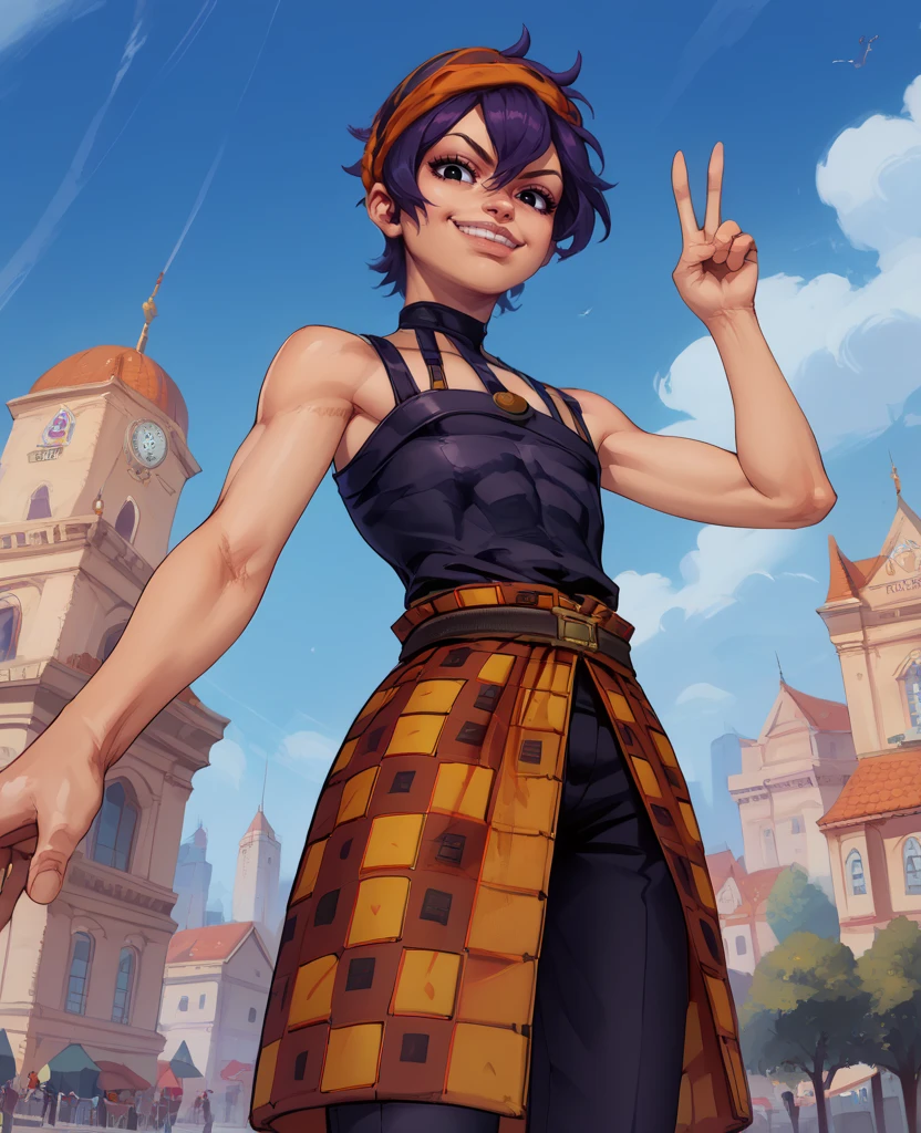 score_9,score_8_up,score_7_up,score_6_up,
naranciaxl,short hair,black eyes,dark purple hair,lips,flat chest,smug, v,
black choker,orange headband,black tank top,belt,orange checkered sarong,black pants,looking at viewer,
france,cityscape,ocean,from below,
<lora:NaranciaJJEoH:0.9>,