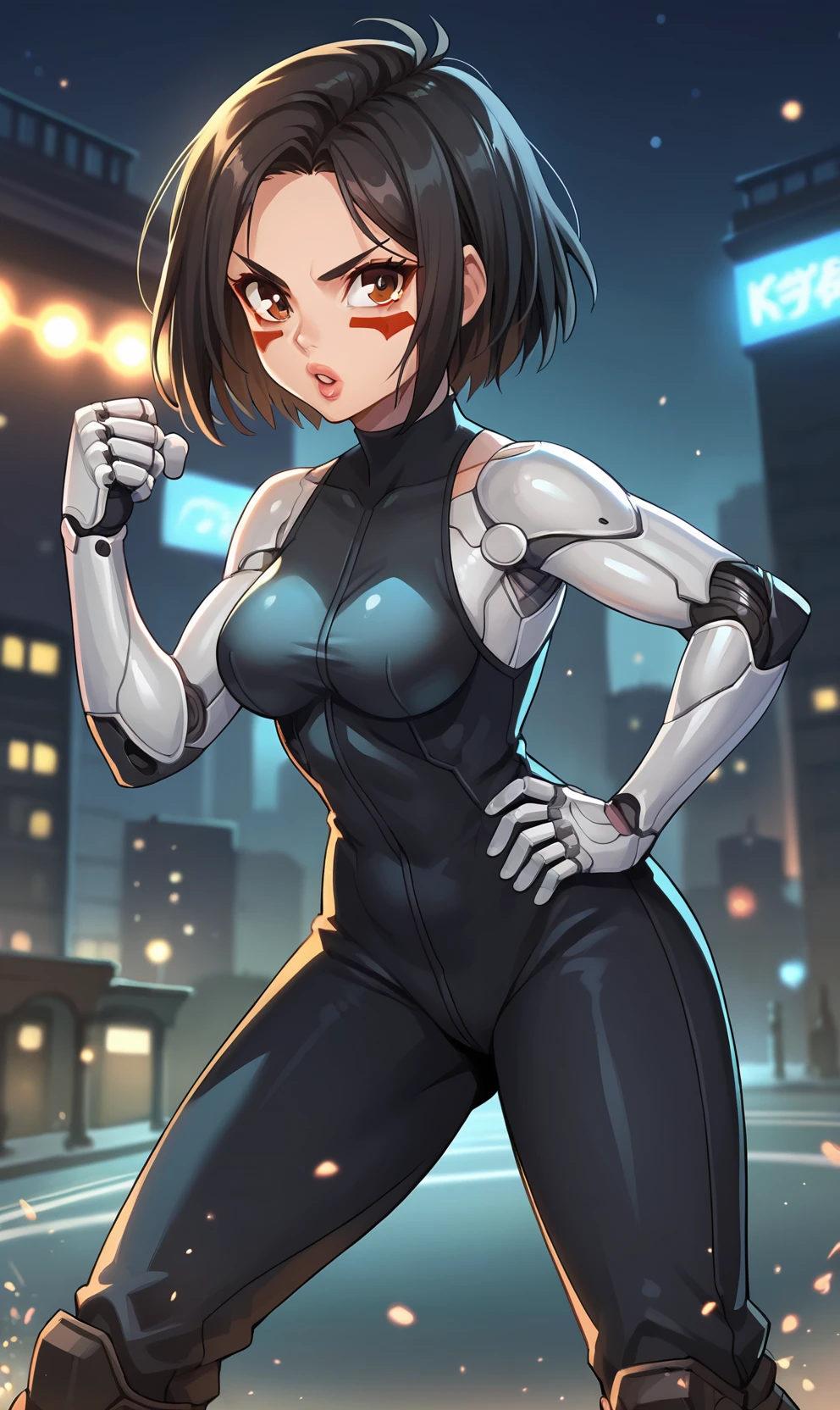 score_9, score_8_up, score_7_up, 1girl, source_anime, anime style, screencap,  <lora:Gally:1> gallyxl, short hair,  black hair, brown eyes, lips, facepaint, facial mark, bodysuit, mechanical arms, bare shoulders, fighting stance, fighting, robot skin,  android, cyberpunk, science fiction, city, night, neon lights, boots, city, hand on hip, looking at viewer, parted lips,