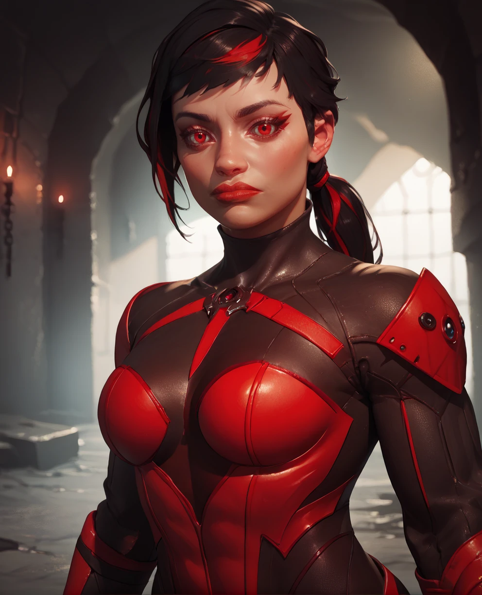score_9,score_8_up,score_7_up,score_6_up,
Skarletxl,red eyes,black hair,multicolored hair,ponytail,
bodysuit,looking at viewer,
standing,upper body,
dungeon,
<lora:Skarlet:1>,