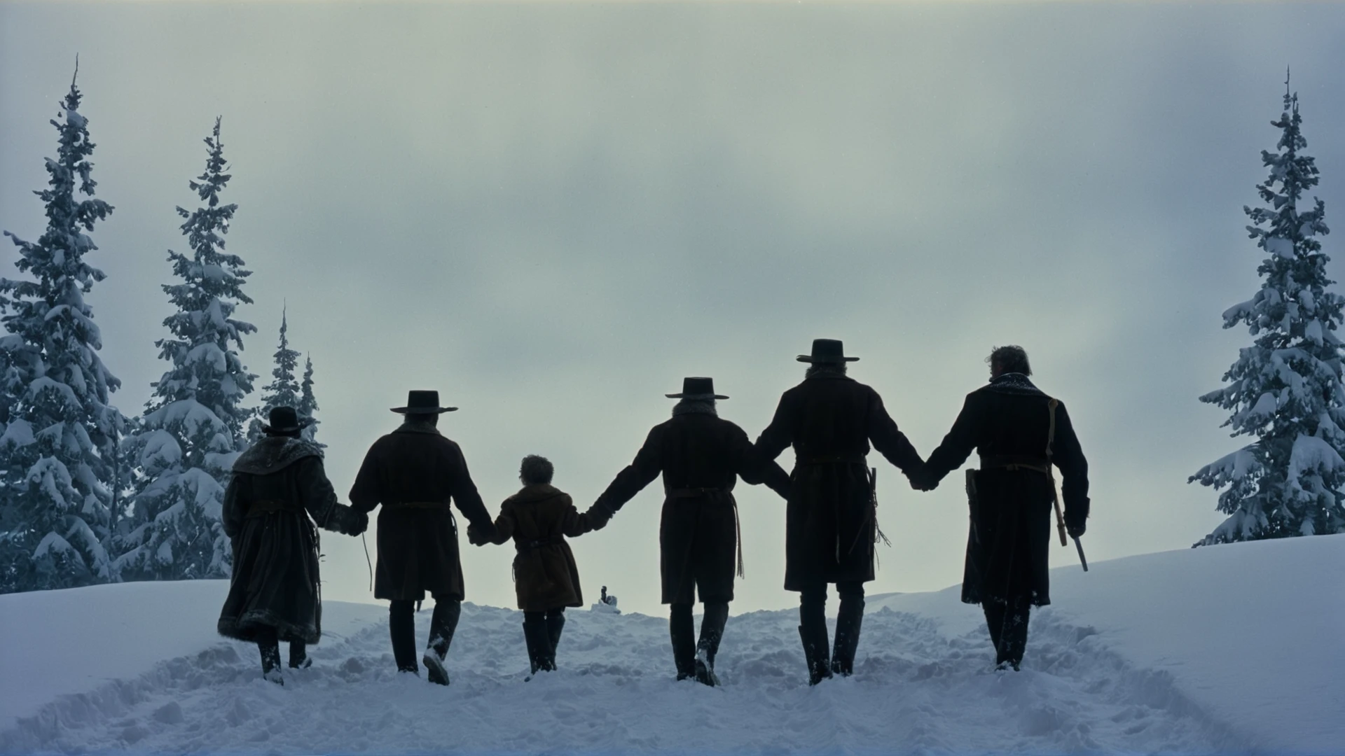 <lora:The Hateful Eight film style:0.9>
<lora:detailed:0.5>
<lora:perfection style:0.5>
<lora:Chiaroscuro Lighting Style:0.3>
In 1870,A Western film,Cinematic Kodak picture of a group of people walking up a snow covered slope from behind,holding,outdoors,multiple boys,sky,from behind,tree,holding hands,nature,scenery,snow,snowing,silhouette,winter,footprints ,The Hateful Eight film style