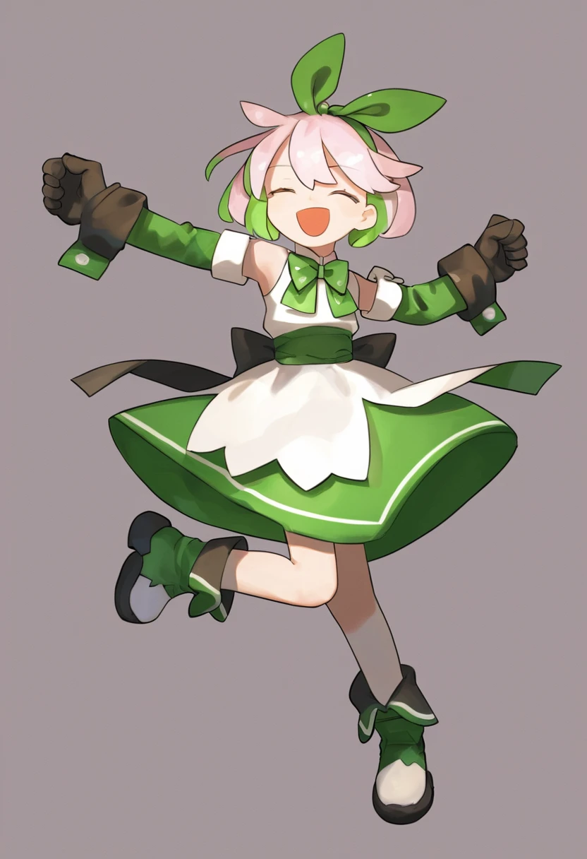 score_9, score_8_up, score_7_up, score_6_up, score_5_up,score_4_up,lvzi, short_hair, 1girl, gloves, simple_background, solo, colored_skin, black_gloves, white_background, full_body, standing, smile, boots, multicolored_hair, open_mouth, shoes, green_hair, shirt, two-tone_hair, long_sleeves, :d, hand_up, hairband, ribbon, pink_hair, outstretched_arm, grey_skin, hair_ribbon, happy, standing_on_one_leg, arm_up, bow, dress, green_hairband, green_skirt, leg_up, sidelocks, transparent_background, clenched_hands, green_bow, green_footwear, bowtie, green_dress, green_ribbon, green_bowtie, clenched_hand, closed_eyes, sleeveless, arms_up, wrist_cuffs, personification, sleeveless_dress, detached_sleeves, ^_^, facing_viewer, yellow_footwear, <lora:lvziXL-000010:0.7>