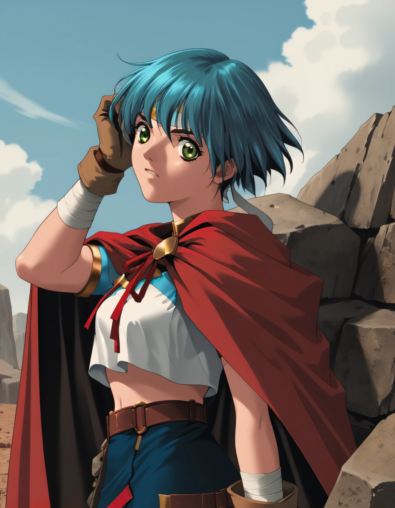 score_9,  score_8_up, score_7_up <lora:epo-ponyxl-000040:1> wwepo, blue hair, green eyes, (headband:0.5), red cape, microskirt, blue skirt,
upper body, fixing hair, looking at viewer, rocks, dirt road, sky