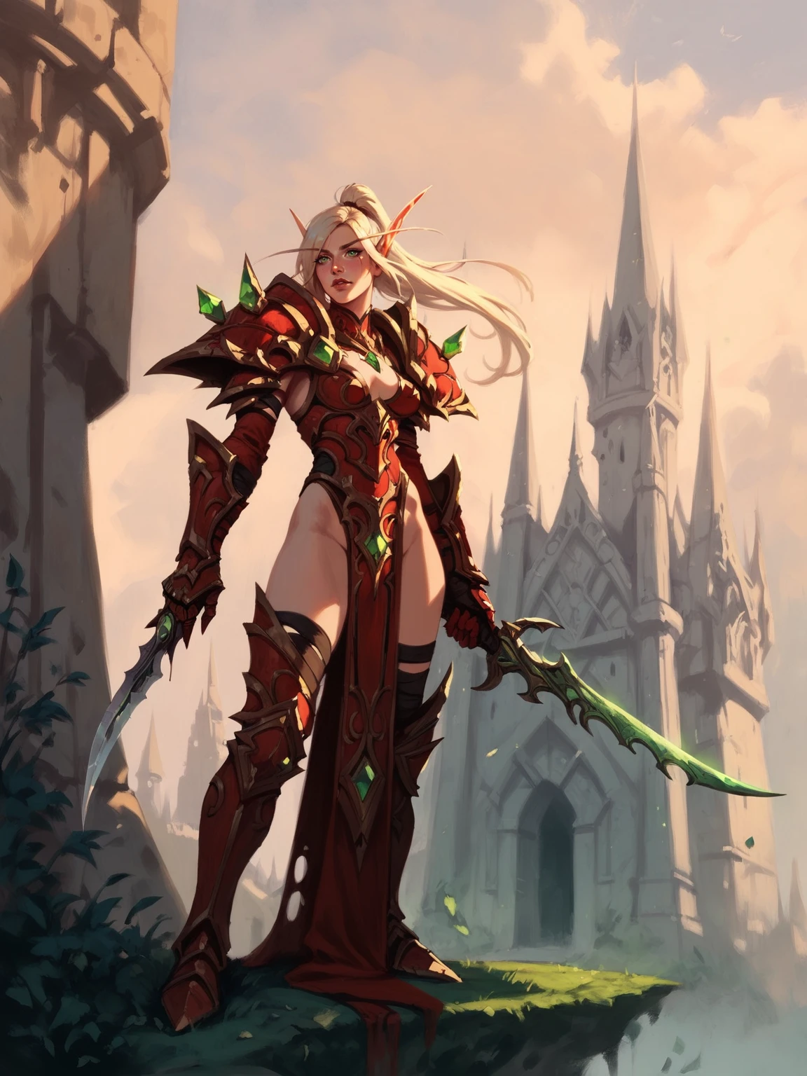 World of Warcraft game theme, Image of a female elf Valeera Sanguinar,intense flirty stare, ,Beautiful and gorgeous elf, 32 years old, with blonde hair, standing, holding two favorite shiny green Jambiya daggers, one in each hand. ,blood elf Assassin Wow, wide hips, narrow waist, gigantic humungus breasts,extremely curvy, Long elf ears, ((((Very bright, glowing green eyes))), Red Light female Assassin Armor with emeralds , Red Pauldrons, Red skull Pauldron with emeralds, Gold and Red Chestpiece, Red and black Gauntlets, Black tabard, dramatic tones. A masterpiece with the highest resolution. , Surrealist image type