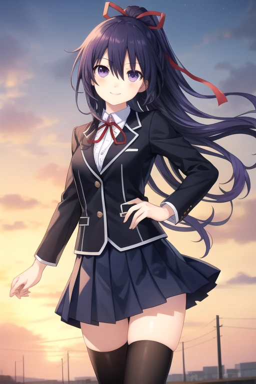 ((masterpiece)),(best quality),official art,extremely delicate and beautiful,extremely detailed CG,unity 8k wallpaper,ultra detailed,beautiful detailed eyes,extremely detailed face,outdoors,1girl,solo,cowboy shot,looking at viewer,facing viewer,smile,yatogami tooka,very long hair,purple hair,high ponytail,floating hair,hair ribbon,red ribbon,sidelocks,hair between eyes,bangs,violet eyes,school uniform,black jacket,white shirt,collared shirt,medium breasts,long sleeves,pleated skirt,miniskirt,blue skirt,zettai ryouiki,black thighhighs,loafers,<lora:Yatogami Tohka(dal)>,<lora:TSNeptunia-000045:0.5>,
