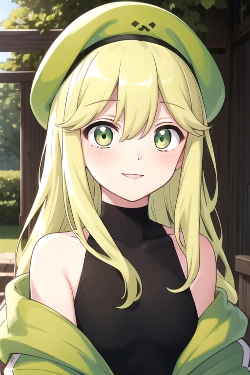 ((masterpiece)),(best quality),official art,extremely delicate and beautiful,extremely detailed CG,unity 8k wallpaper,ultra detailed,beautiful detailed eyes,extremely detailed face,outdoors,1girl,solo,upper body,(portrait:1.5),looking at viewer,facing viewer,smile,blush,beret,green headwear,long hair,green hair,hair between eyes,bangs,green eyes,bare shoulders,collarbone,off shoulder,green jacket,green jacket,black shirt,sleeveless shirt,miniskirt,green skirt,pleated skirt,black thighhighs,zettai ryouiki,sneakers,<lora:Creeper-Bubble(remake):0.6>,