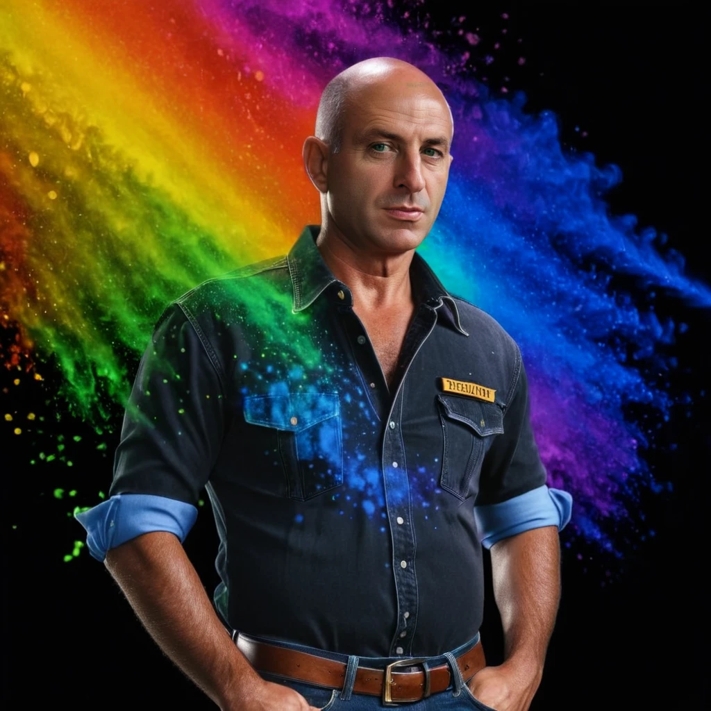 portrait of remington with stern shush in __clothes-casual__, rainbow splash, dark background <lora:colorSplash:1> . 35mm photograph, film, bokeh, professional, shot by omar victor diop, 4k, highly detailed
