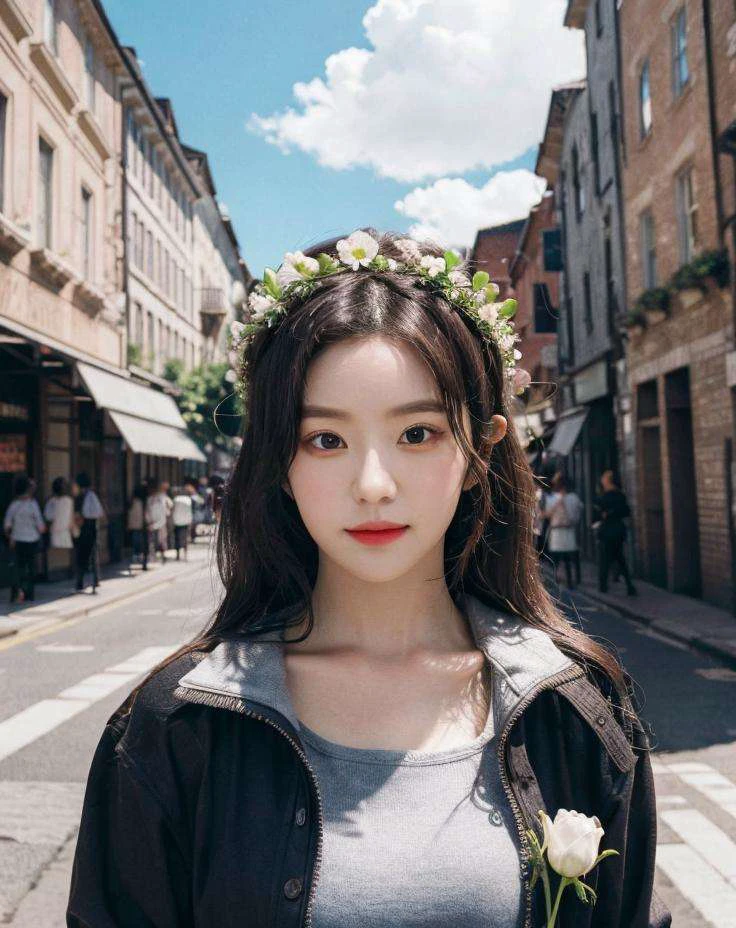 irene, 1girl, solo, upper body, (looking at viewer:1.4), (schoolgirl jacket), (flower crown), (beautiful city, beautiful sky background), natural skin color, (closed mouth:1.2), (medium breast), floating hair, beautiful expression, face detailed, eyes detailed, iris detailed, masterpiece, best quality, photorealistic, hyper realistic, ultra detailed, perfect lighting, depth of field, shadows, highres, <lora:sayhello0o-v1-rvirene:1>