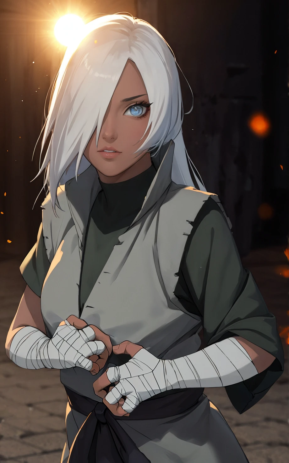 ((masterpiece, best quality)), insaneres, absurdres, solo,  vanishing point, 
HairDown_Ryuzetsu_ownwaifu, 
1girl, grey eyes, hair down, ringed eyes, white hair, long hair, hair over one eye, dark skin, dark-skinned female, breasts, 
bandages, bandaged arm, vest, bandaged hand, black shirt, ninja, shirt,
(portrait, straight-on)<lora:NARUTO_Movie_Ryuzetsu_ownwaifu:1>,
outdoors, lens flare, depth of field, bokeh, embers, looking at viewer,