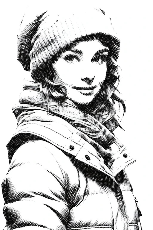 engraved art, 1girl, beanie, coat, pencil drawing, hat, lips, looking at viewer, monochrome, realistic, short hair, simple background, smile, solo, white background, winter clothes