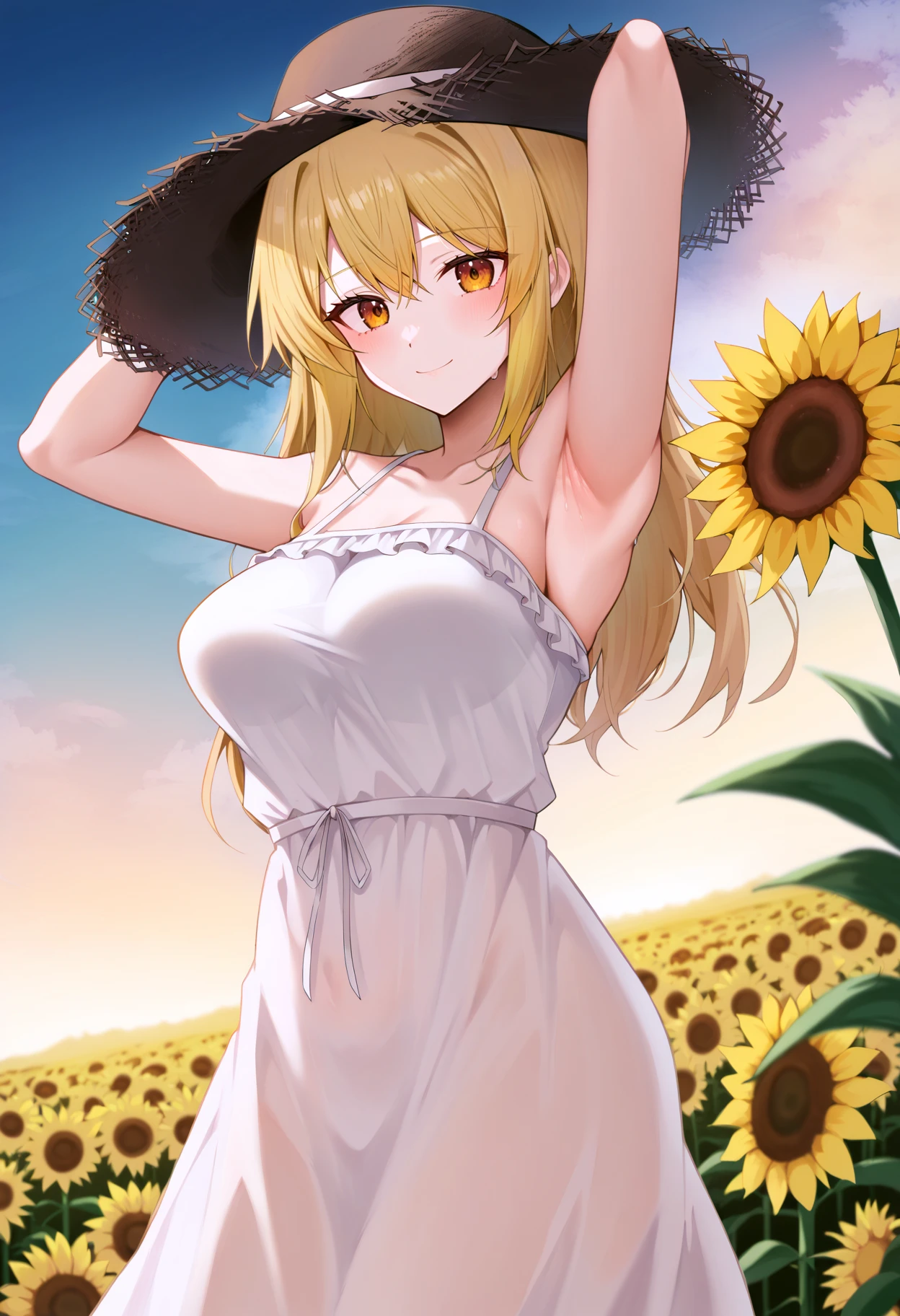 score_9, score_8_up, score_7_up, score_6_up, score_5_up, score_4_up,
simple background, gradient background,
refraction, caustics, rim lights, backlighting, bloom,
BREAK
source_anime, day, outdoors, sky, flower field, sunflower, sunflower field, sunset,
BREAK
1girl, sundress, sunhat, blonde hair, large breasts, see-through silhouette, happy, hair between eyes,
arms up, armpits, light smile,
<lora:Ru_Zhai-v1-PDXL:1>