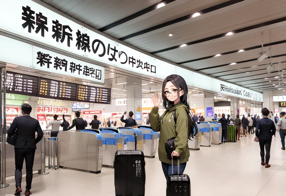 masterpiece, best quality, very aesthetic, absurdres,
1girl, solo, glasses, black hair, long hair, hoodie, pants, rolling suitcase, smile, looking at viewer, solo focus, waving,
shinosaka, chuoguchi, ticket gate, multiple boys, 6+boys, scenery, shop, indoors
<lora:shinosakaeki_chuoguchi_SDXL_V1:0.8>