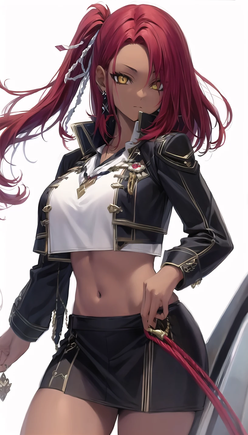 side ponytail, red hair, yellow eyes,dark-skinned female,
hair ribbon, earrings,
(crop top:1.28),
lady,mature female, cowboy shot,
(white background,simple background:1.18),
highres,official art,original,masterpiece,best quality,
(huge breasts:0.8),
<lora:æ³è¦æä¸ºå½±ä¹å®åè-å¦®å¨:0.8>