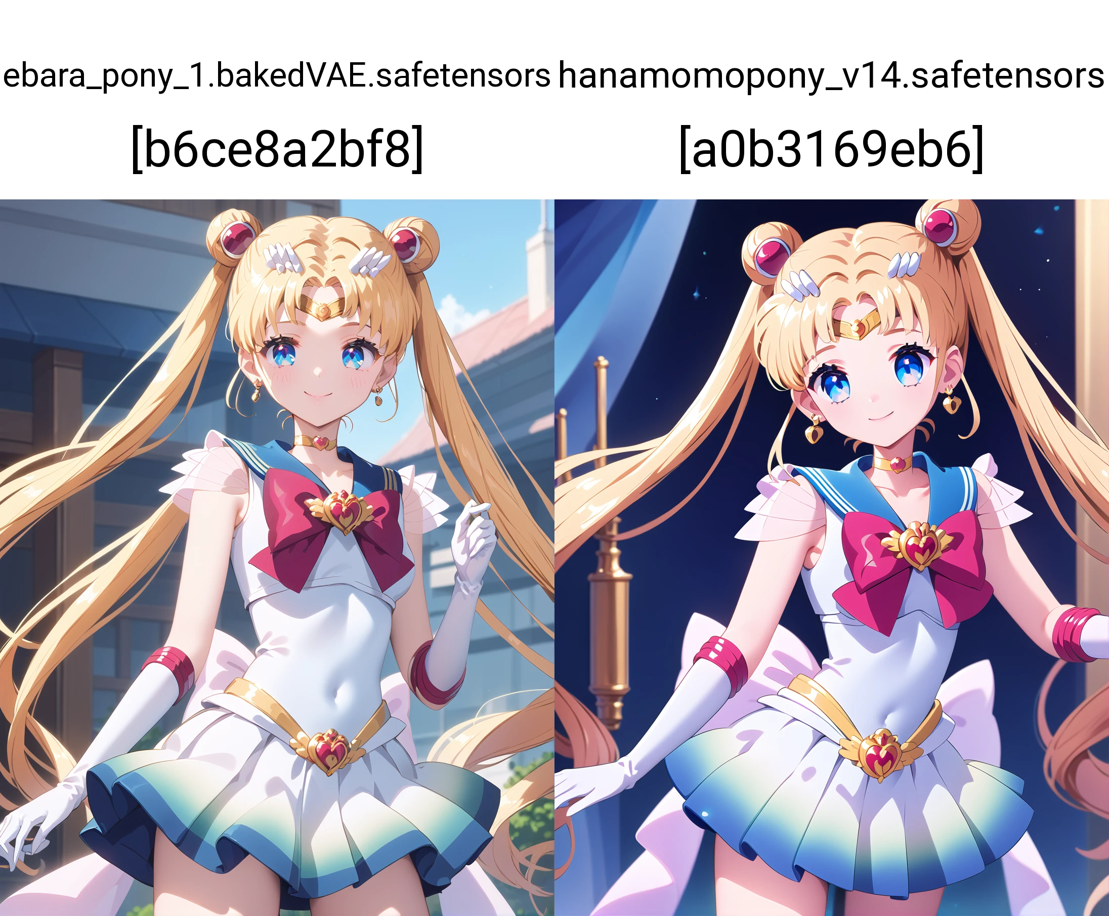 score_9, score_8_up, score_7_up, best quality, masterpiece, 4k, uncensored, prefect lighting, rating_explicit, very aesthetic, anime ,absurdres ,1girl, solo,<lora:sdxl-supersailormoon-ponyDiffusionV6XL-AdamW8bit-v1-2-1-000018:1>, supersailormoon, double bun, twintails, circlet, earrings, choker, bow, gloves, miniskirt, A girl standing smiling