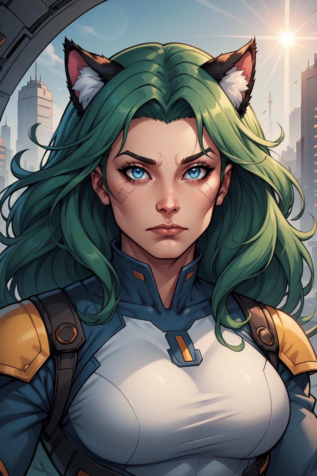 1girl, female focus, solo, green hair, blue eyes, cat ears, animal ears, angel wings, looking at viewer, long hair, closed mouth, shirt, upper body, wild hair, fluffy hair, wind swept hair, depth of field, standing in a spaceship, (cyberpunk), (lens flare, light leak, prismastic), close up, (sci-fi), shiny skin, (sidelighting), (volumetric lighting), PonyXLV6_Scores PnyCmicXLPOS