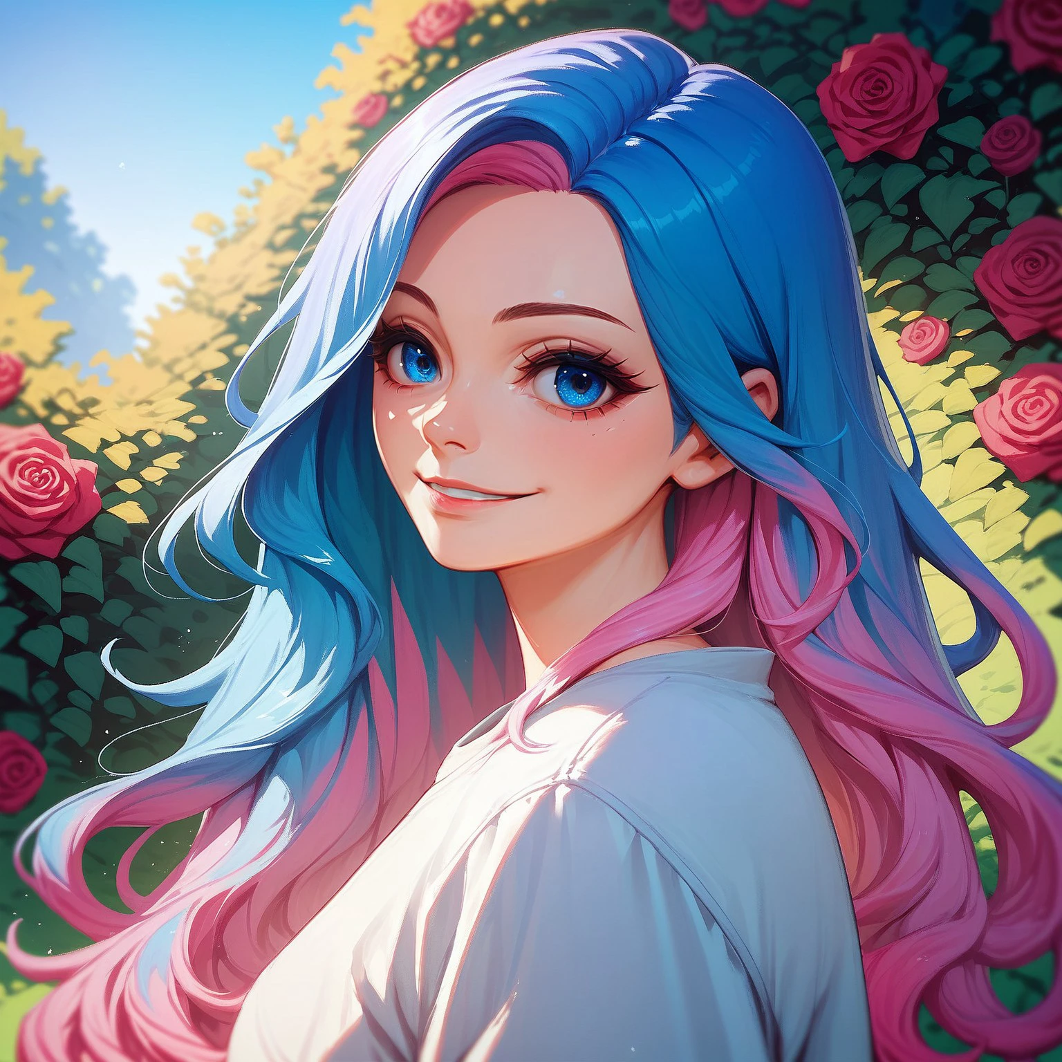 score_9, score_8_up, score_7_up, 1girl, Sofiaa, 1girl, multicolored hair, long hair, blue eyes, close-up, outdoors, flowerfield, roses, light smile, <lora:Sofiaa (1):0.9>