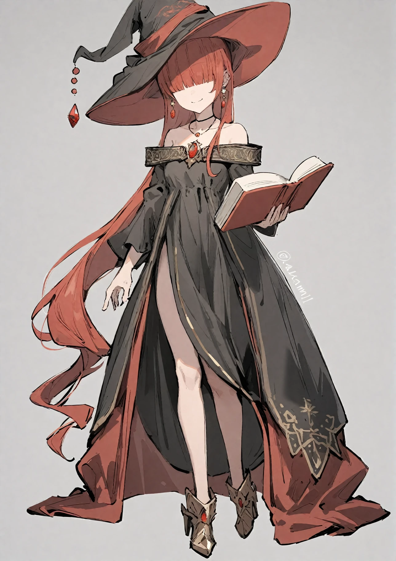 1girl, 
aiamu iamu, 
hair over eyes, black dress, jewelry, collarbone, wizard, small breasts, book, full body, hat, open book, off shoulder, standing, holding, very long hair, signature, long hair, off-shoulder dress, simple background, watermark, necklace, smile, holding book, earrings, solo, pointy footwear, grey background, looking at viewer, red hair, red gemstone, red hat, artist name, twitter username, dress, closed mouth, breasts, gem, witch hat, brooch, 
masterpiece, best quality, absurdres, highres, safe
 <lora:aiamu_iamu_image45_2024-03-28_a31-000040:1>