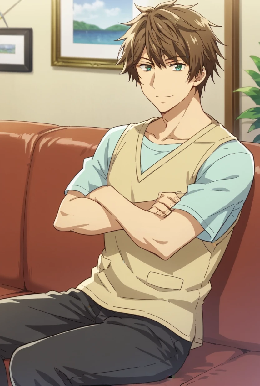 score_9, score_8_up, kajiwara akihito, 1boy, solo, brown hair, green eyes, purple t-shirt, beige vest, open vest, dark pants, smile, crossed arms, looking at viewer, sitting, couch, indoors, antique, artifacts