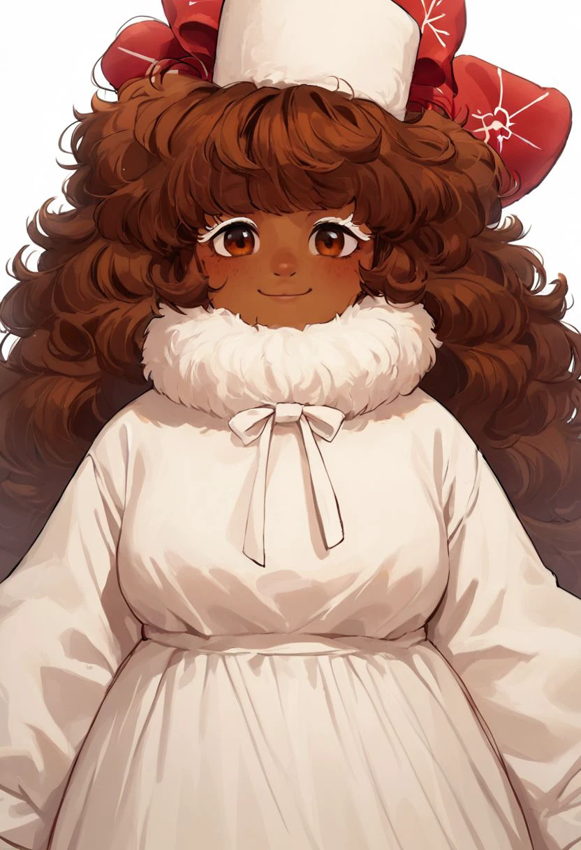 score_9, score_8_up, score_7_up, source_anime, solo, 1girl, CocoaCookie, long hair, brown hair, brown eyes, colored eyelashes, white eyelashes, dark skinned girl, hat, neck fluff, white dress. boobs, chubby, fluffy clothes, smile, portrait, close up, halfbody, looking at viewer, standing, white background