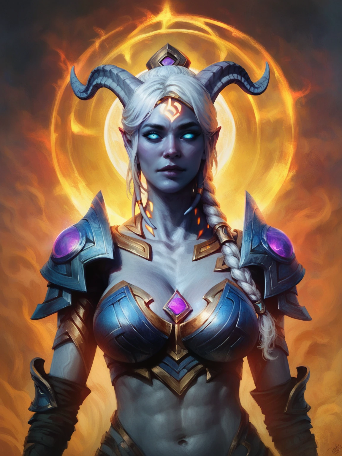 score_8_up, score_7_up, portrait of beautiful lightforged draenei paladin girl, long white hair, single braid, heavy armor with purple gems, big shoulder pads, grey skin, ornate horns, glowing rune on forehead, big breasts, fantasy, <lora:sxz-finnstark-smol-pdxl:0.8> finnstark style, realistic