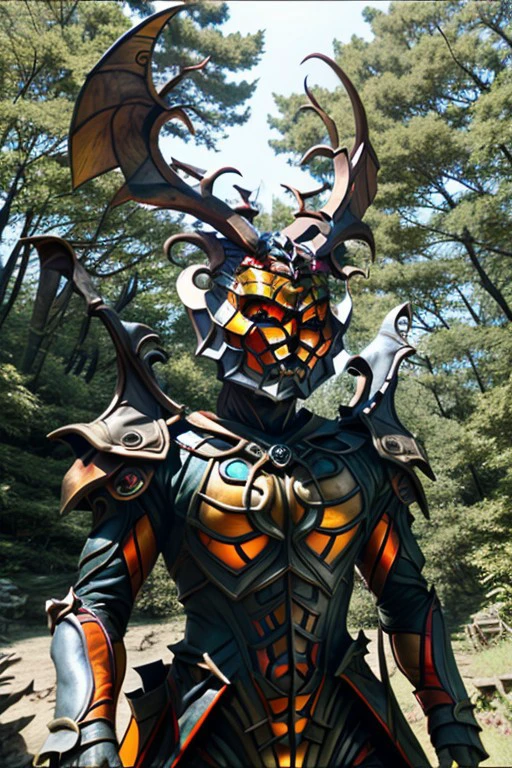 fangire, portrait, demon, border, horned helmet, forest, building, day, orange eyes, antennae, mask, <lora:2065e0b9-8479-49dd-89f5-457d71835412:1.0>