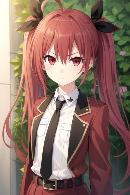 ((masterpiece)),(best quality),official art,extremely delicate and beautiful,extremely detailed CG,unity 8k wallpaper,ultra detailed,beautiful detailed eyes,extremely detailed face,outdoors,1girl,solo,upper body,(portrait:1.5),looking at viewer,facing viewer,serious,ahoge,long hair,twintails,black bow,red hair,hair between eyes,bangs,red eyes,red jacket,collared shirt,dress shirt,white shirt,breast pocket,black necktie,long sleeves,small breasts,belt,red skirt,frilled skirt,frilled boots,thigh boots,black footwear,<lora:Itsuka Kotori(dal)>,<lora:TSNeptunia-000045:0.5>,