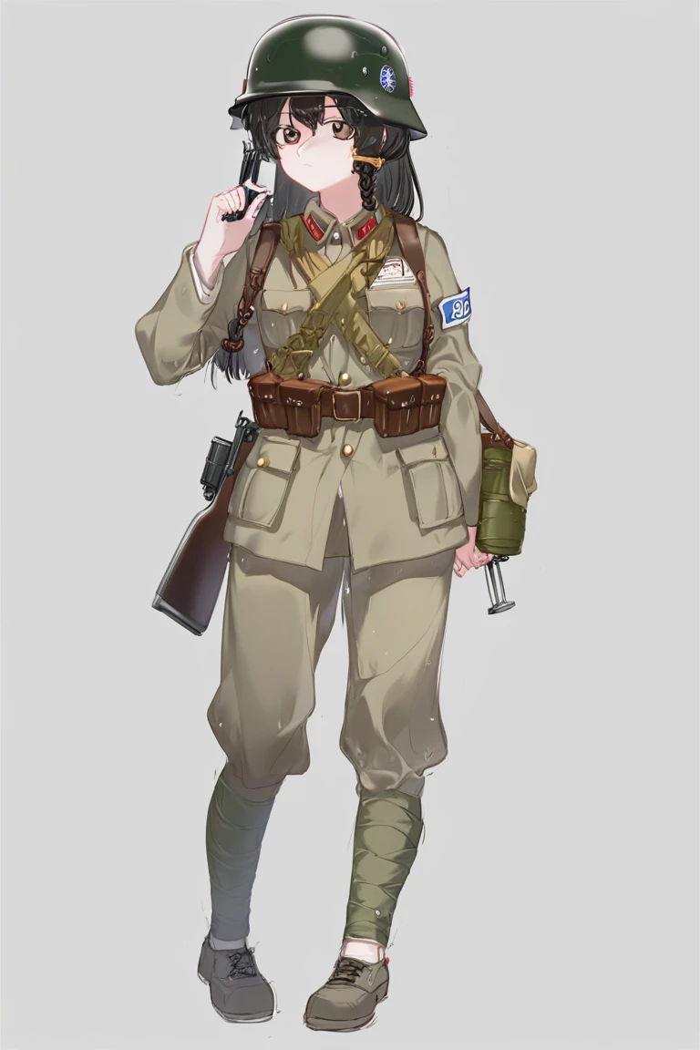 score_9,score_8_up,score_7_up,artbook,game cg,1girl,solo,uniform,military_uniform,military,black_hair,brown_eyes,belt,long hair,helmet,standing,NRA1936,rifle,bolt_action,khaki uniform,german helmet,NRA soldier,leg wrappings,leg_wrap,infantryman's puttee,leather belt pouch,helmet badge,NRA,<lora:Koume_Keito_PonyXL_dim32:0.8:lbw=0.8,0,0,0,0,0,0.8,0.8,0.8,0.8,0.8,0.75>,<lora:NRAuniformXLv1:1>,