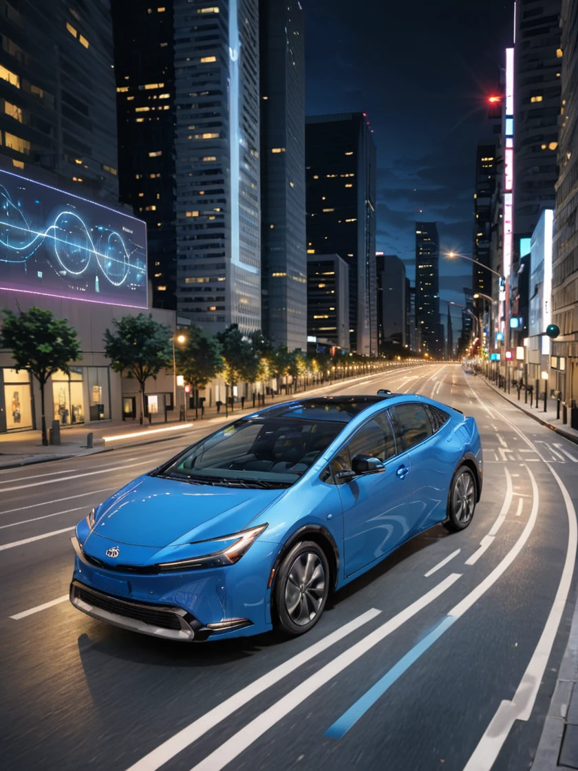 tprius, blue car driving in the city, digital world, circuit path as street, lights, flowing, stylish,
<lora:ToyotaPrius2023_SDXL:0.8>