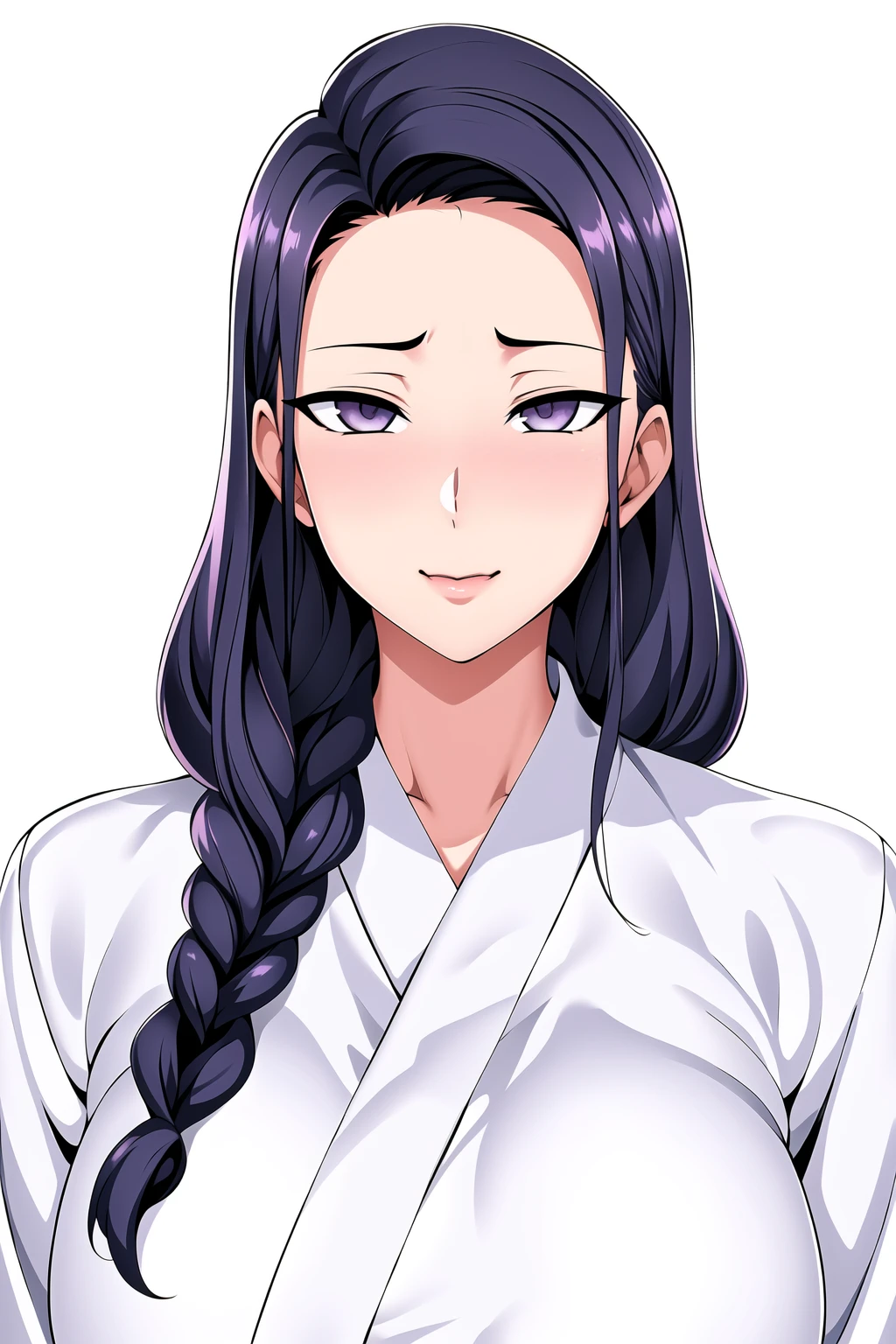 Simple White Background,
dynamic pose,standing at attention,
White_kimono,long sleeves, wide sleeves,
<lora:Tsubaki_Miyajima_SaiminSeishidou-KK77-V3:0.7>,
purple_hair, long_hair, hair_pulled_back,parted_lips,purple_eyes, Single_braid,
<lora:Oda_Non_Style-KK77-V2:0.2>,<lora:more_details:0.1>,
1 girl, 20yo,Young female,Beautiful long legs,Beautiful body,
Beautiful Nose,Beautiful character design, perfect eyes, perfect face,expressive eyes,perfect balance,
looking at viewer,(Focus on her face),closed mouth, (innocent_big_eyes:1.0),(Light_Smile:0.3),
official art,extremely detailed CG unity 8k wallpaper, perfect lighting,Colorful, Bright_Front_face_Lighting,White skin,
(masterpiece:1.0),(best_quality:1.0), ultra high res,4K,ultra-detailed,
photography, 8K, HDR, highres, absurdres:1.2, Kodak portra 400, film grain, blurry background, bokeh:1.2, lens flare, (vibrant_color:1.2),professional photograph,
(Beautiful,large_Breasts:1.4), (beautiful_face:1.5),(narrow_waist),