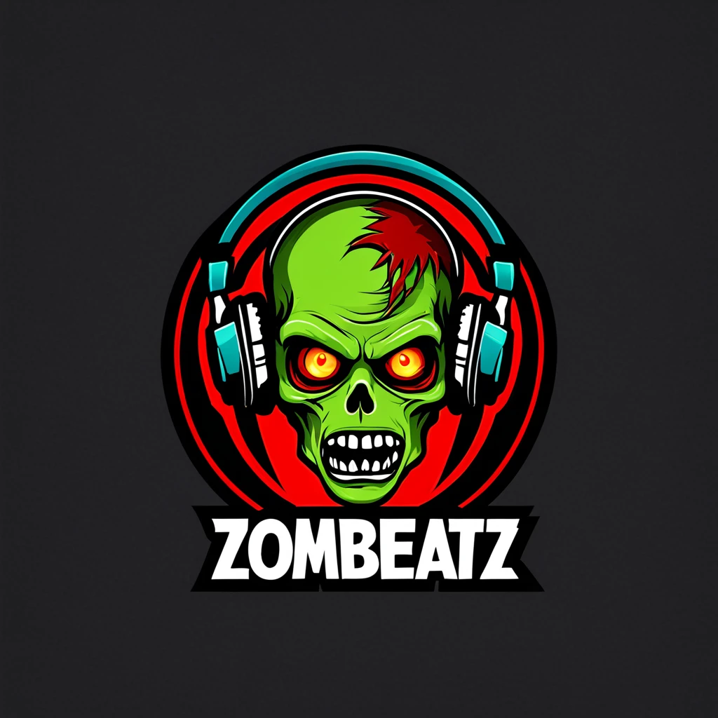 logomkrdsxl,an edgy logo of a zombie with headphones , vector, text "ZomBeatz", <lora:logomkrdsxl:1>, best quality, masterpiece, horror, brand, dark background, green skin, glowing red eyes,
