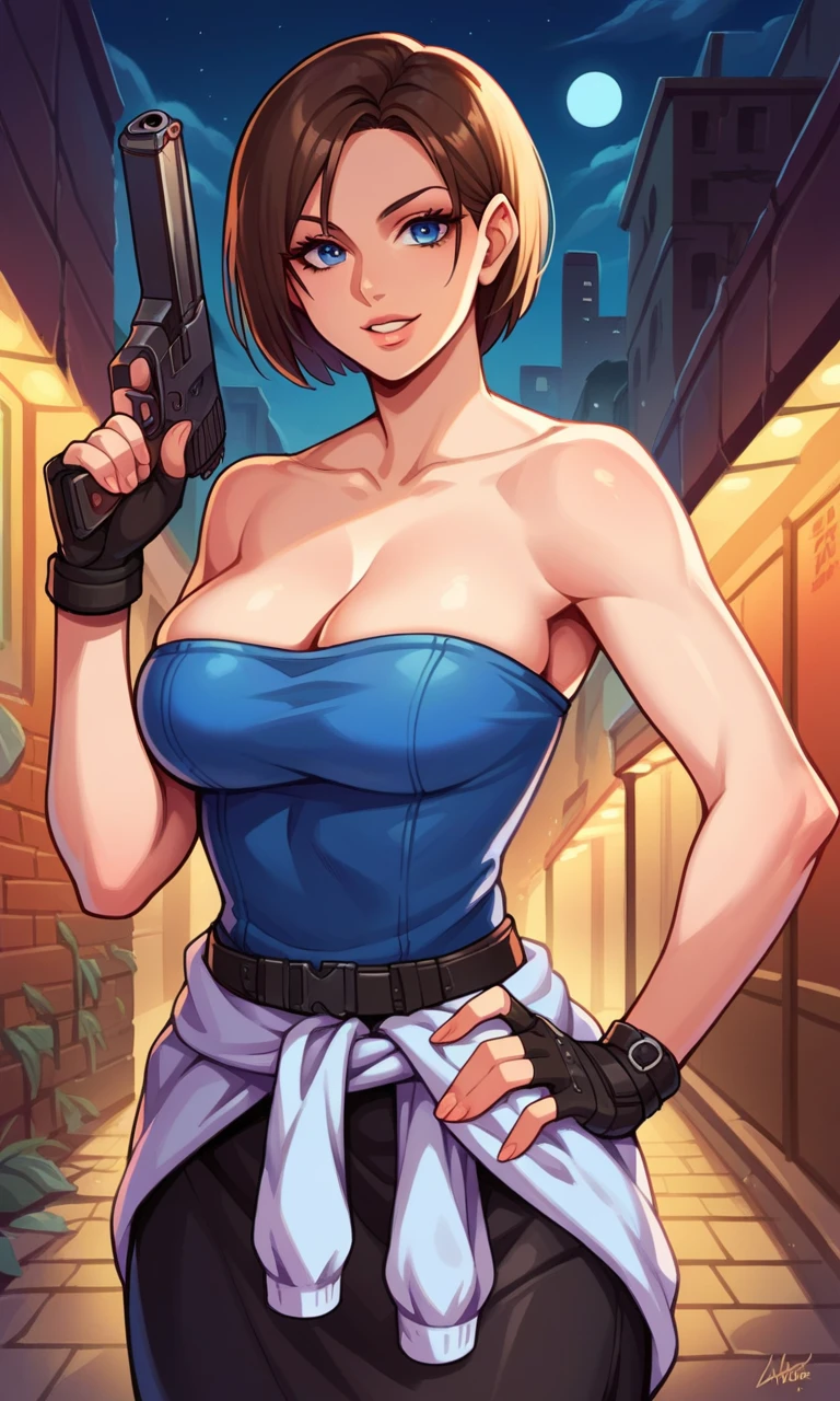 score_9, score_8_up, score_7_up, score_6_up, source_anime, BREAK masterpiece, RE3Jill, bob cut, blue eyes, tube top, cleavage, looking at viewer, black skirt, clothes around waist, smile, hand on own hip, breasts, fingerless gloves, alleyway, night, city, ruins, holding gun, parted lips, fire, looking at viewer, close-up, 