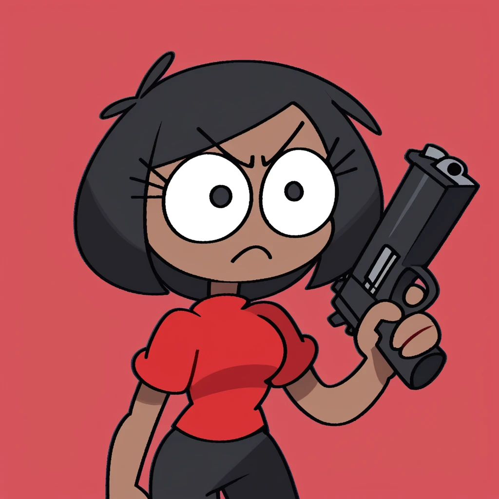 zPDXL, flat colors, cel shading, vector, detailed background, 1girl, solo, rob_(\vilepluff\), dark skin, eyelashes, medium breasts, black hair, bob cut, red shirt, short sleeves, grey pants, angry, \small head, holding gun, <lora:RobVile:0.9>