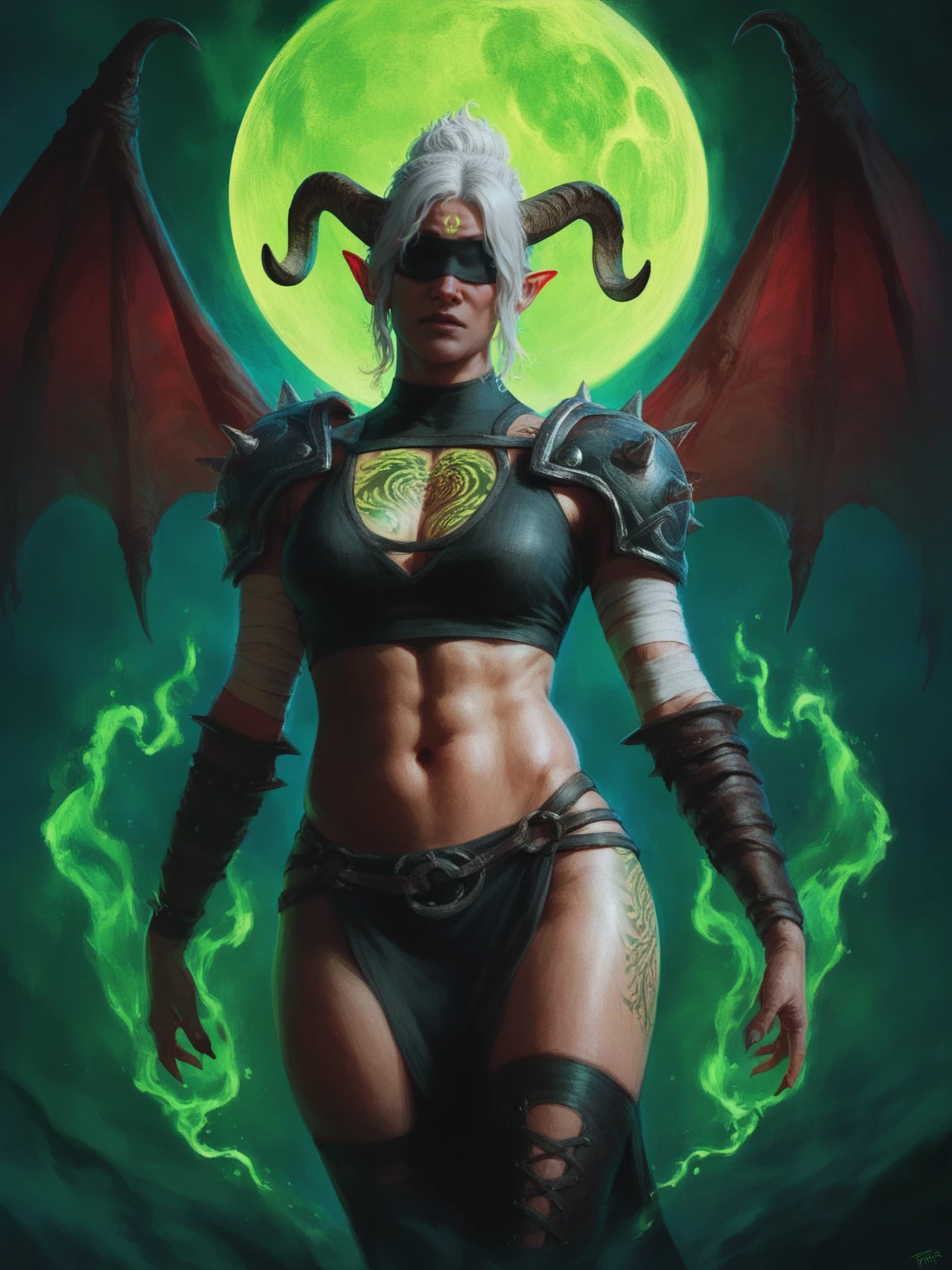 score_8_up, score_7_up, 1girl, illidari demon hunter, blindfold, white hair, green glowing tattoo, bandages, black crop top, demon wings, pointy ears, horns, spiked ornate shoulder pads, black pelvic curtain, thighhighs, night, green magic effects, moon, reflective water, dynamic pose,<lora:sxz-finnstark-smol-pdxl:0.8> finnstark style, realistic