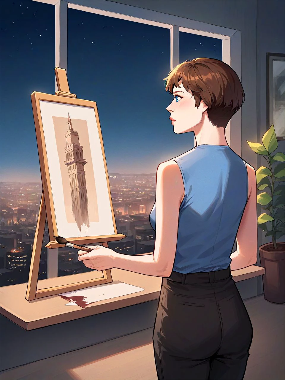 score_9,score_8_up,score_7_up,score_6_up, BREAK solo, 1girl, facing away, artist, (indoors, high-rise urban apartment setting, city skyline, night sky:1.2), (painting a landscape at an easel:1.2), paintbrush, holding paintbrush, <lora:grac3FCD_PDXL:1> grac3fcd, lips, short hair, brown hair, blue eyes, light blue sleeveless top, black pants