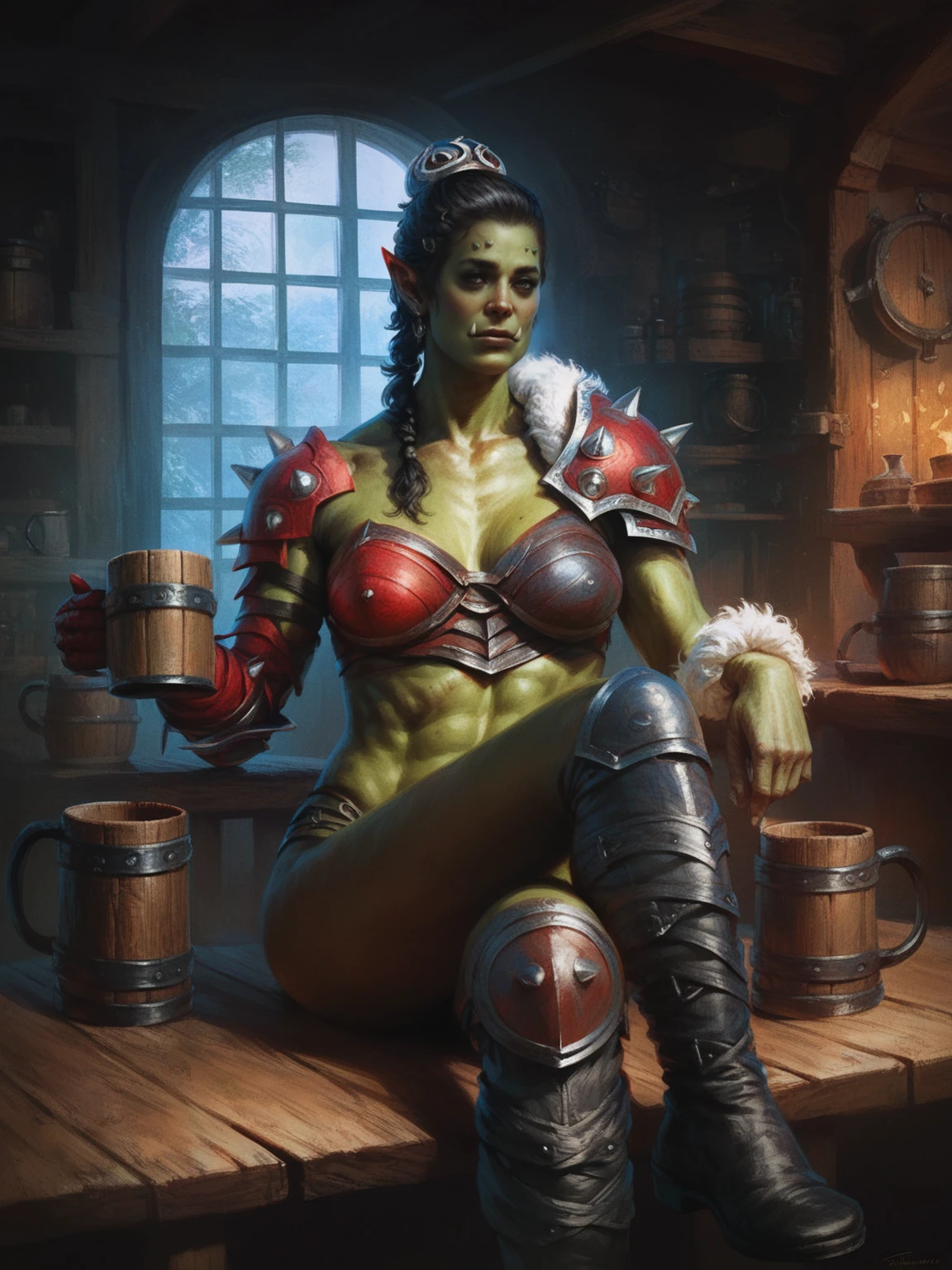 score_8_up, score_7_up, 1girl, beautiful big strong orc woman sitting on table and holding wooden mug, green skin, long black hair, single braid, spiked single shoulder pad, red armor with rivets, multiple belts, fur trim, boots, tavern indoors, fantasy, <lora:sxz-finnstark-smol-pdxl:0.8> finnstark style, realistic