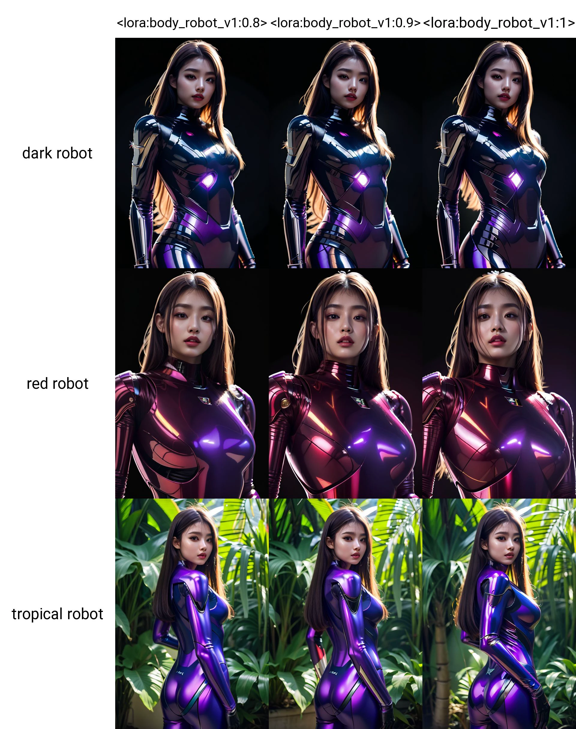 (masterpiece, best quality:1.4), 8k, highres, shiny skin, lips, super detailed skin, detailed beautiful face and eyes, spotlight, (body suit, dark robot, purple aura, smog), (from below, upper body), long hair, <lora:body_robot_v1:0.8> <lora:civitai_training_girl_v4-3:0.8>