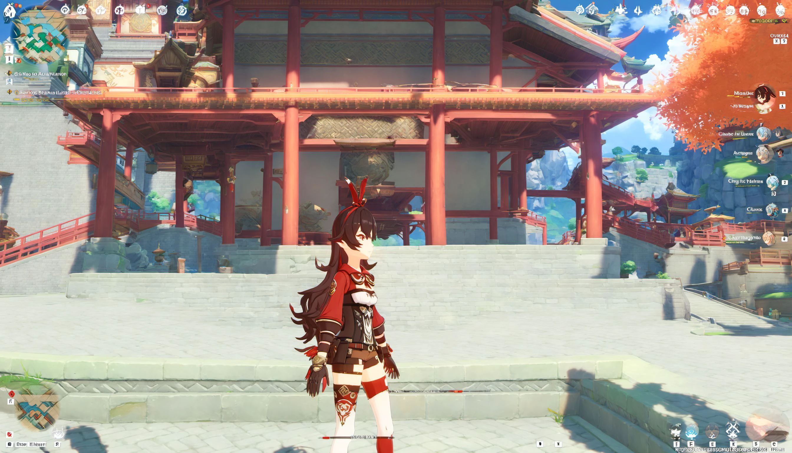 1girl, long hair, bangs, brown hair, thighhighs, gloves, long sleeves, ribbon, hair between eyes, brown eyes, hair ribbon, sidelocks, outdoors, shorts, from side, english text, goggles, building, scenery, walking, vision (genshin impact), architecture, gameplay mechanics, east asian architecture, brown shorts, fake screenshot, heads-up display, amber (genshin impact), genshinamber <lora:kamber1:1>
