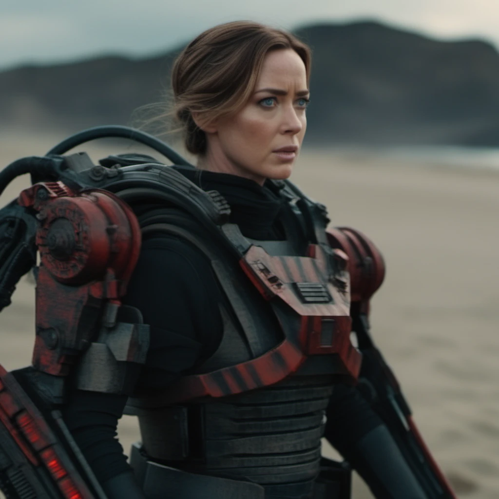 Dystopian style cinematic photo a full Emily Blunt wears a black and red futuristic light armor, beach background <lora:Exosuit1024:0.9> . 35mm photograph, film, bokeh, professional, 4k, highly detailed . Bleak, post-apocalyptic, somber, dramatic, highly detailed