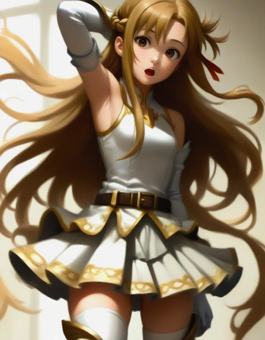 (score_8_up,score_7_up,score_6_up,score_5_up,perfect eyes,high quality, masterpiece, UHD),1girl,asuna(sao),arm_up,armor,armored_dress,armpit_peek,armpits,bare_shoulders,belt,braid,breastplate,brown_eyes,brown_hair,cowboy_shot,detached_sleeves,dress,elbow_gloves,french_braid,gloves,long_hair,looking_at_viewer,miniskirt,official_style,open_mouth,pleated_skirt,red_skirt,skirt,sleeveless,sleeveless_dress,solo,thighhighs,very_long_hair,white_armor,white_background,white_belt,white_dress,white_sleeves,white_thighhighs,zettai_ryouiki,<lora:asura-sao-xl:1>,