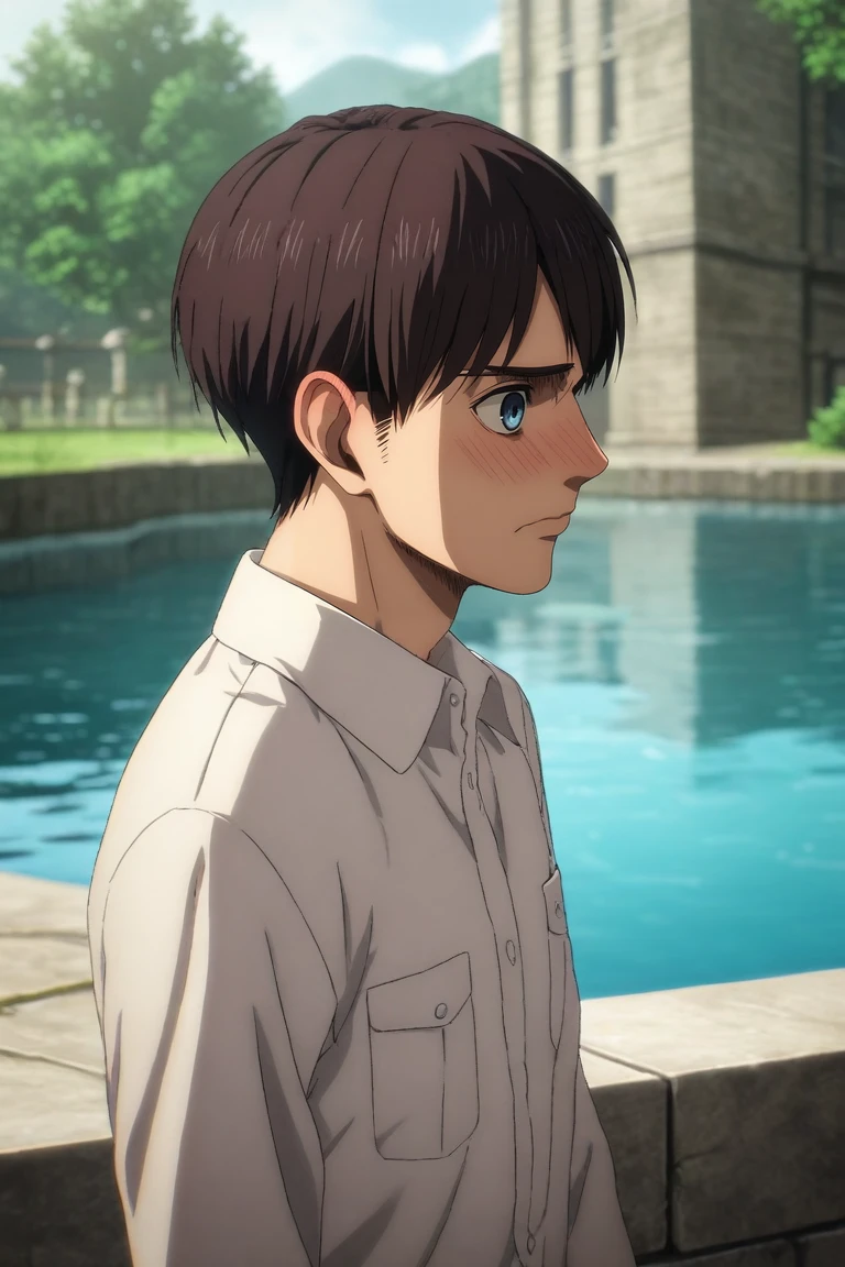 score_9, score_8_up, score_7_up, source_anime, rating_safe, intricate details, (3d:0.4), , depth of field, 1boy, male focus, ice blue eyes, dark red hair,, solo, profile, pond, arch, japanese architecture, day, sunny, w arms, embarrassed, nose blush, <lora:shingeki_no_kyojin_s4_style_pony:0.82>, shingeki_no_kyojin_s4_style, <lora:sdxl_lightning_8step_lora:1>