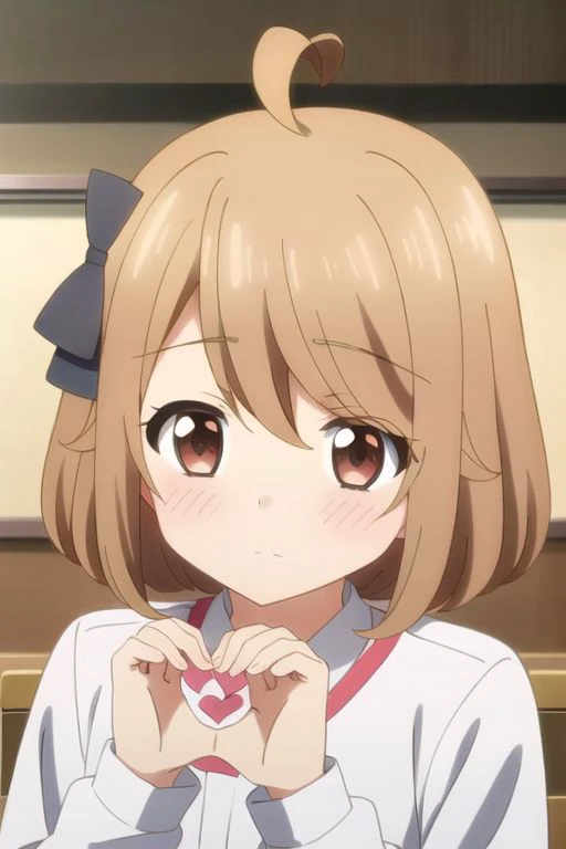 tsumugi tsutsumi, brown hair, short hair, brown eyes, 1girl, solo,heart hands, heart, solo, looking at viewer, long sleeves, ahoge, ribbon, red ribbon, hair ribbon, shirt, blush, closed mouth, white shirt, upper body, hair between eyes