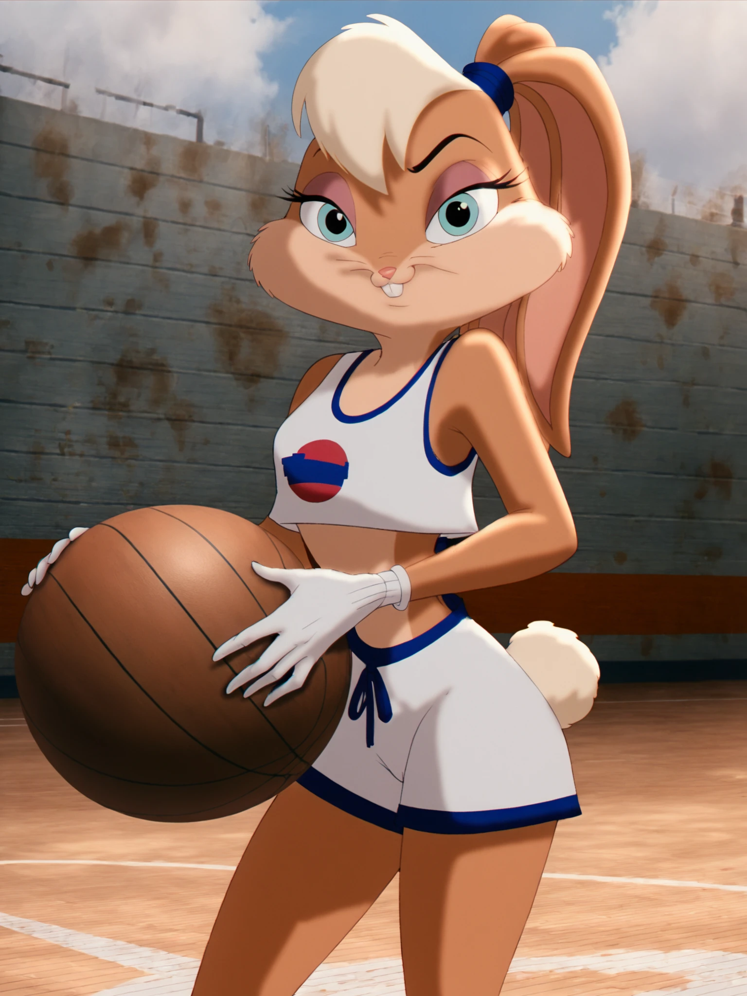 Lola, Lola bunny, 1 girl, (rabbit tooth:1.2), standing alone_focusing, four fingers, nude frontal, face detailed, detailed hands, detailedeyes, detailed skin texture, neutral pose, digitalpainting, smiling, ful dressed, cinematic light, swirly vibrant colors, intricate eyes, (the background is a stadium), (scenario is a basketball game), Space Jam
