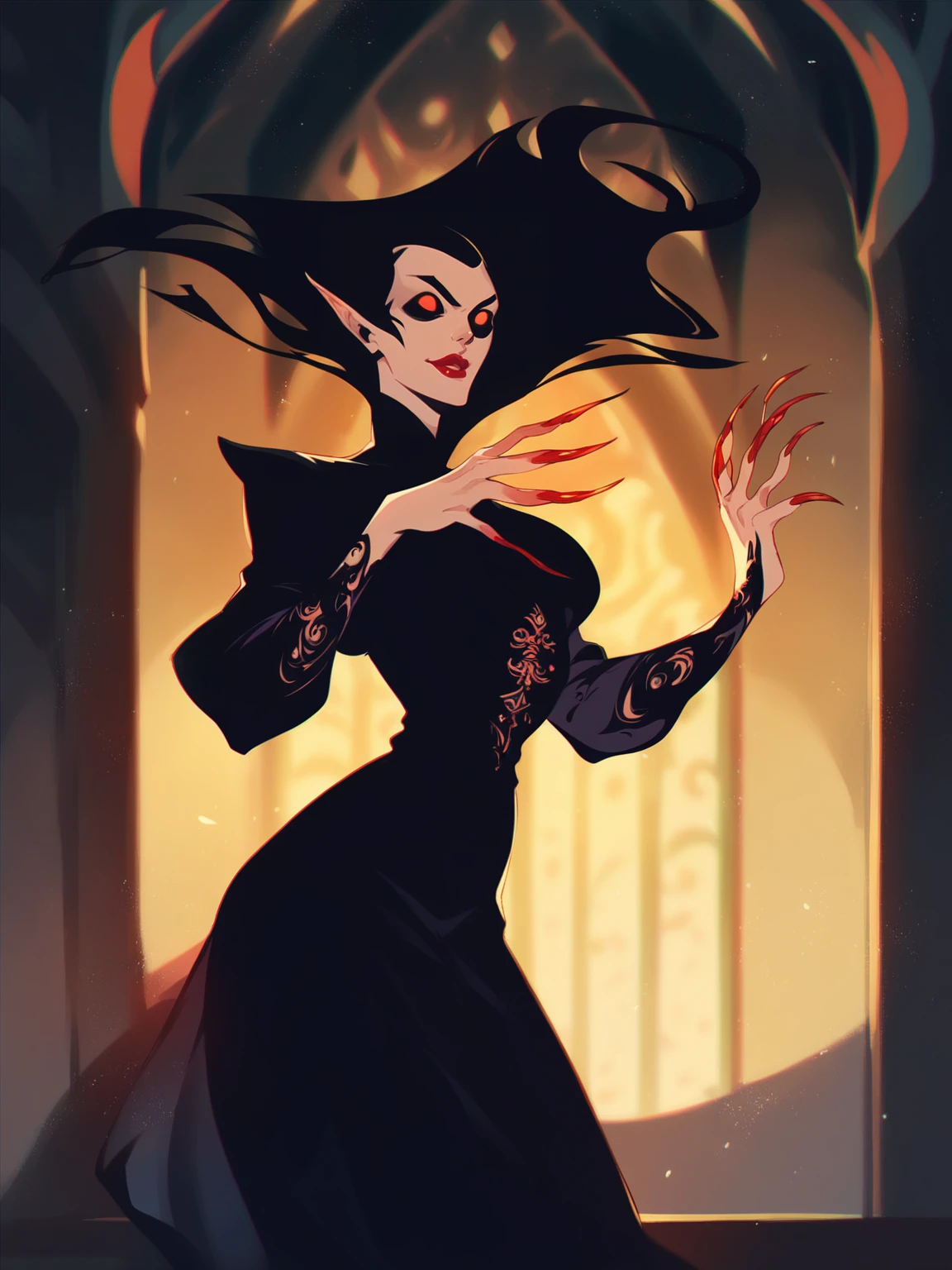 score_8_up, score_7_up, beautiful vampire queen girl standing in dark, black hair, no pupils, no sclera, red lips, ornate black dress, sharp fingernails, castle interior, indoors, moonlight, particles, night, dark scene, fantasy, <lora:sxz-dreelrayk-smol-pdxl:0.8> dreelrayk style, halftone texture, chromatic aberration