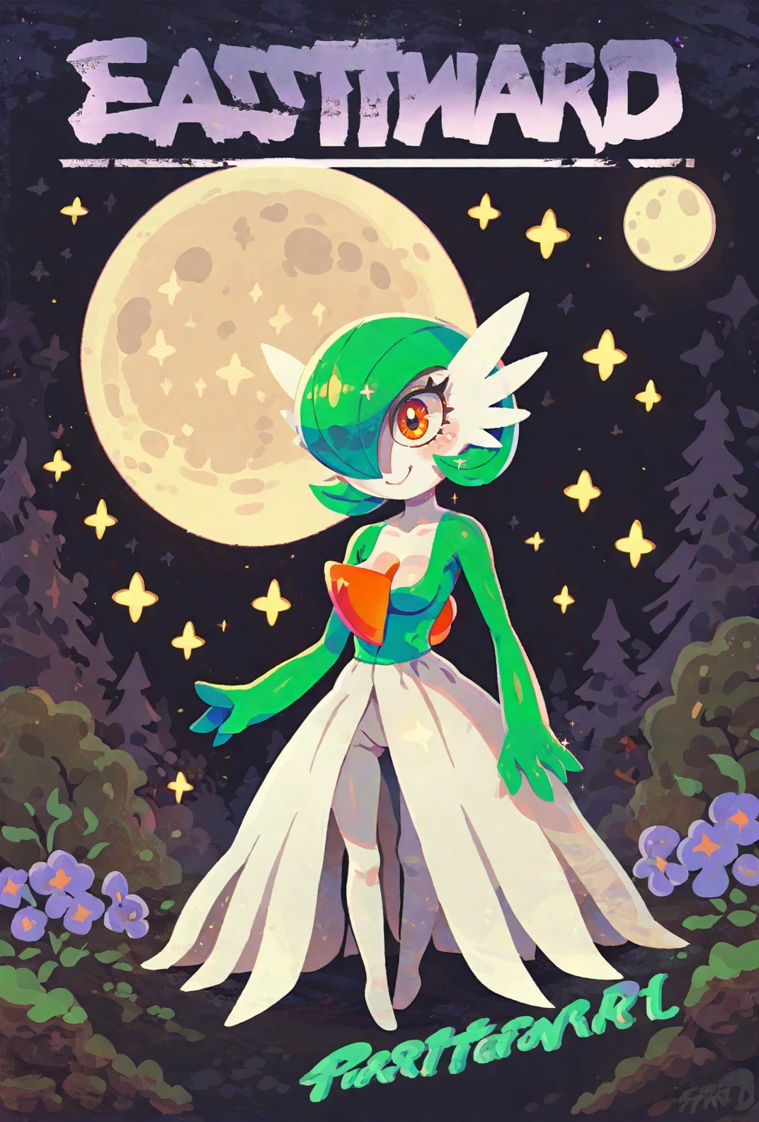 score9, score_8_up, score_7_up, colorful, vibrant,1girl, solo, gardevoir, pokemon, pokemon_(creature), outdoors, stars, moon, sparkles, glowing, asymmetrical, (text that spells EASTWARD), <lora:Eastward_Countdown_Poster-000006:1> eastwardposter,