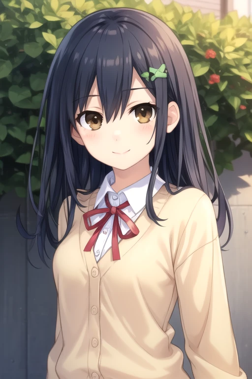 ((masterpiece)),(best quality),official art,extremely delicate and beautiful,extremely detailed CG,unity 8k wallpaper,ultra detailed,beautiful detailed eyes,extremely detailed face,outdoors,1girl,solo,upper body,(portrait:1.5),looking at viewer,facing viewer,smile,itsuka shiori,long hair,blue hair,hairclip,hair ornament,sidelocks,hair between eyes,bangs,brown eyes,school uniform,red ribbon,beige cardigan,white shirt,collared shirt,medium breasts,long sleeves,miniskirt,blue skirt,pleated skirt,black socks,loafers,<lora:Itsuka Shiori(dal)>,<lora:TSNeptunia-000045:0.5>,