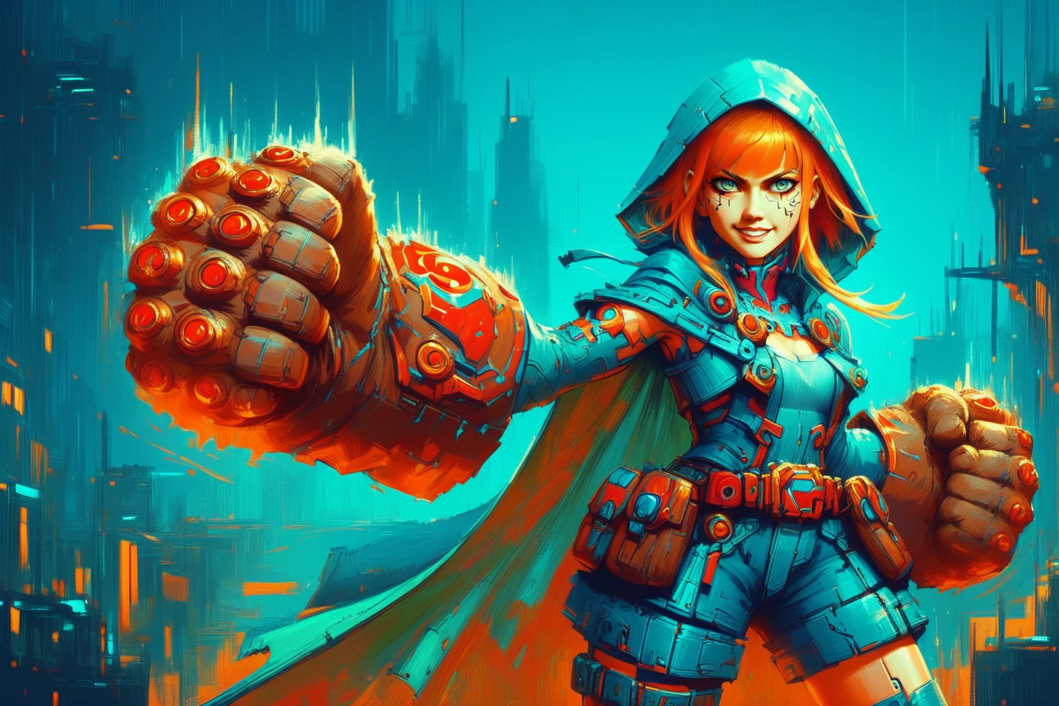 score_9, score_8_up, score_7_up, masterpiece, high quality
<lora:GullyPonyLora:0.7> 1girl, cloak, gloves, oversized limbs, belt, short hair, hood, pouch, top, shorts, smile, fist fight pose, in a futuristic city, cyberpunk, neon lights, at night,
<lora:Neon_Cyberpunk_Impressionism_Pony:1.2> mad-cybrpnkimprss